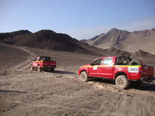 Camionetas de faena en una ruta fuera del área industrial